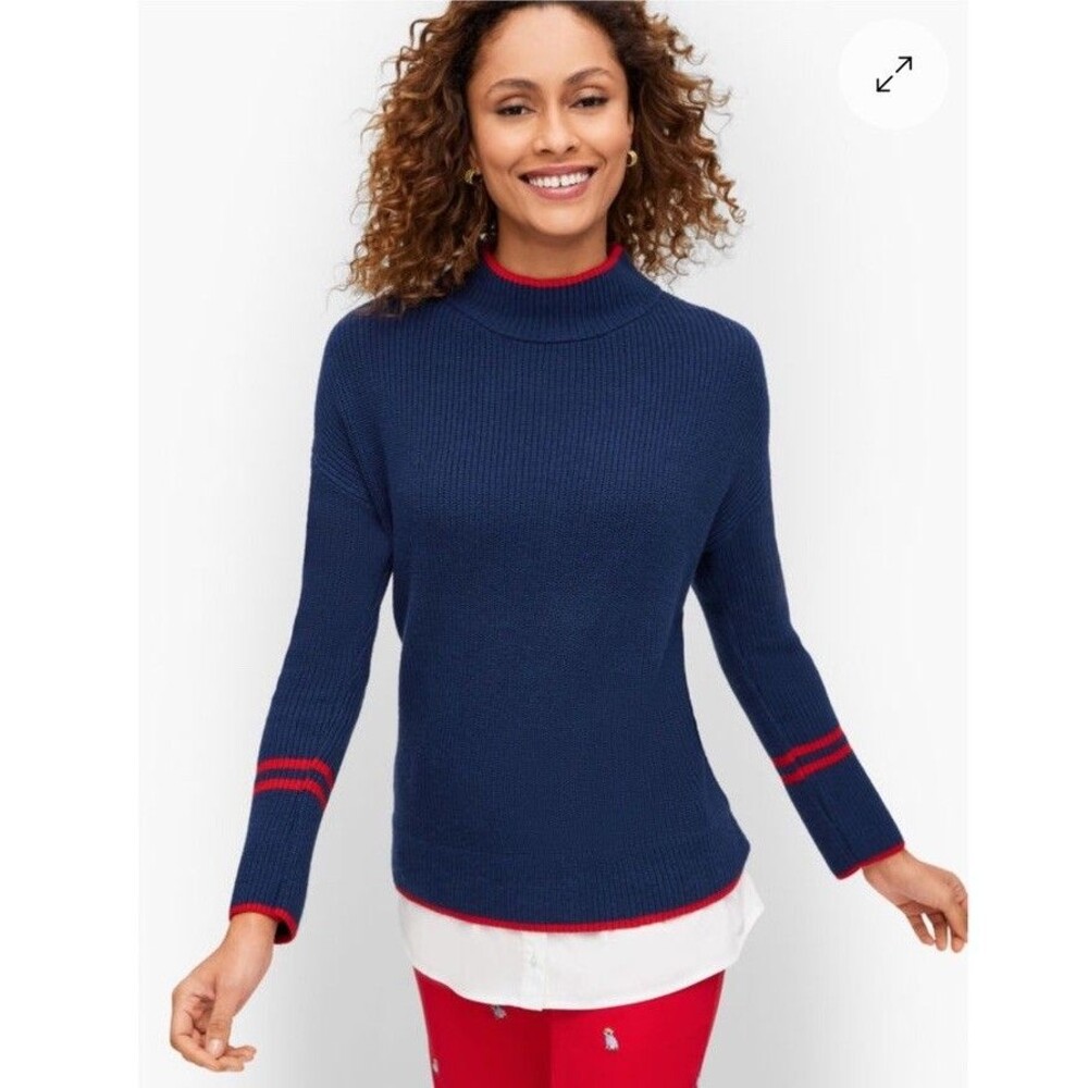 Talbots mixed media sweater Large features a mock neck and a white woven hem